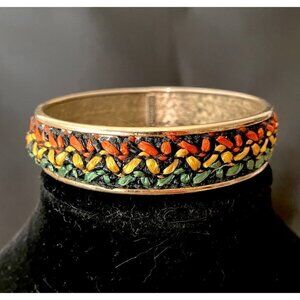 Vintage SIGNED Sarah Coventry Bangle with Braided Raffia Accents - Gold tone